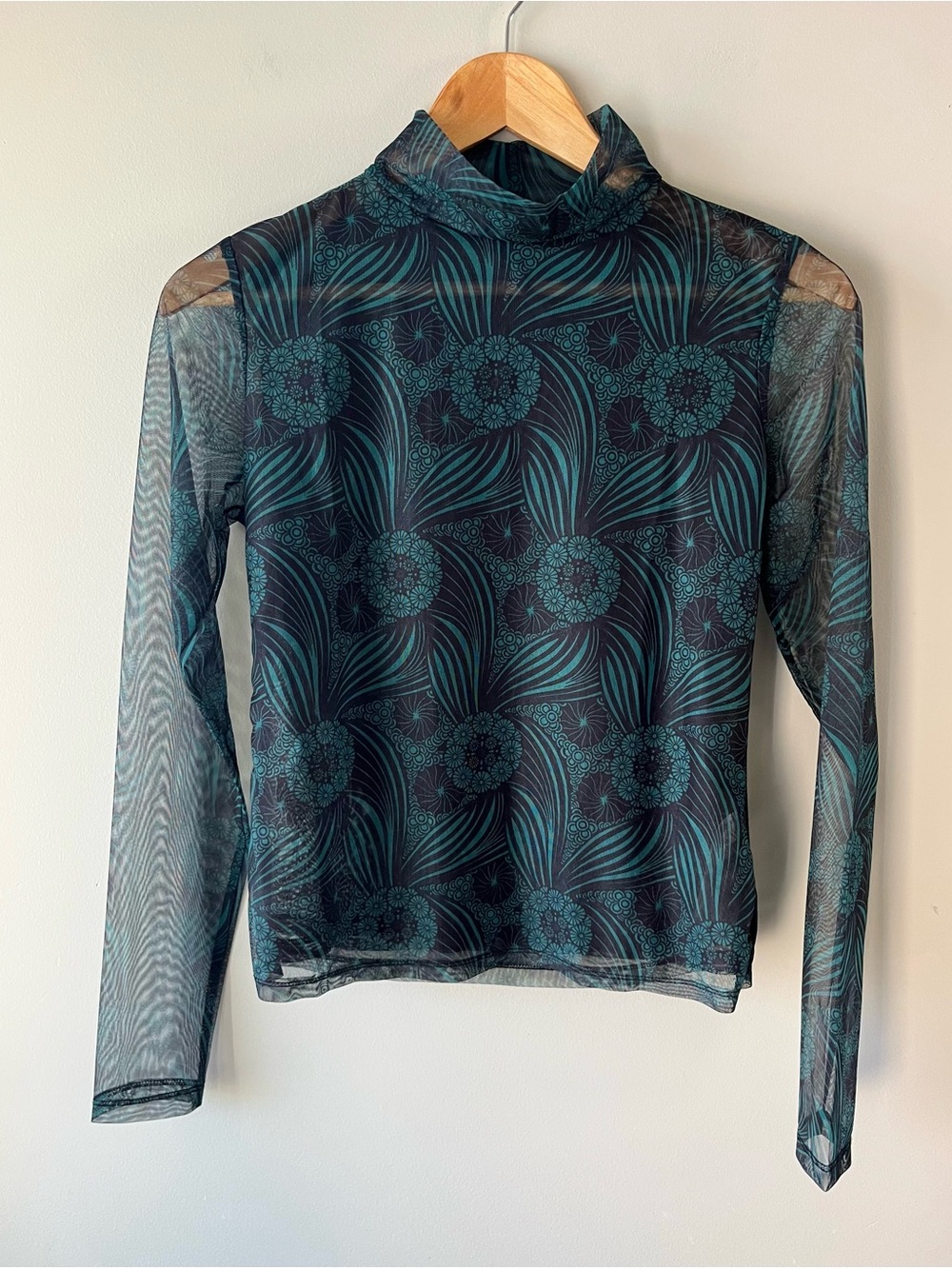 Anthropologie Sheer Mesh Turtleneck Long Sleeve Top Size XS Black & Green